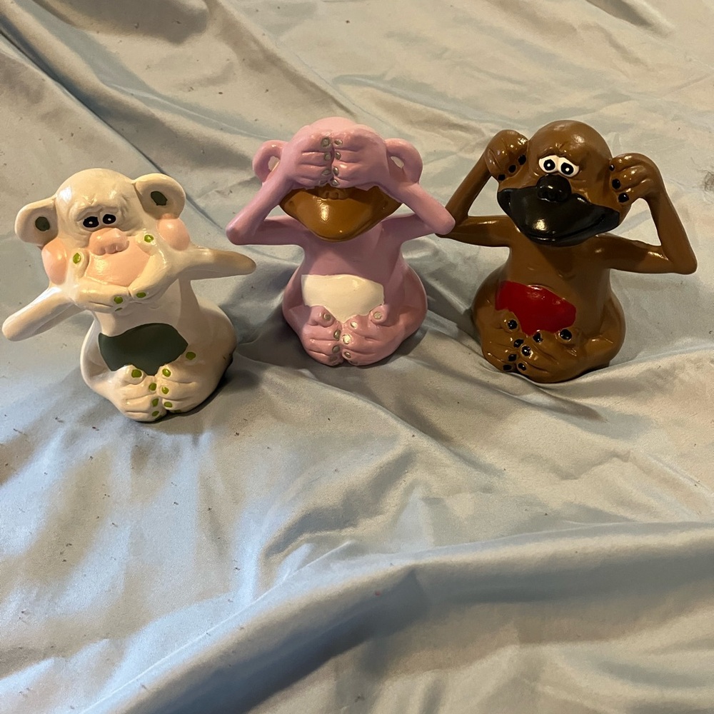 Hand painted see no evil, hear no evil and speak no evil monkey set